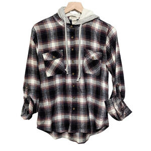 Passport Womens Plaid Button Up Hooded Shirt Size M Blue Red Roll Tab Sleeve